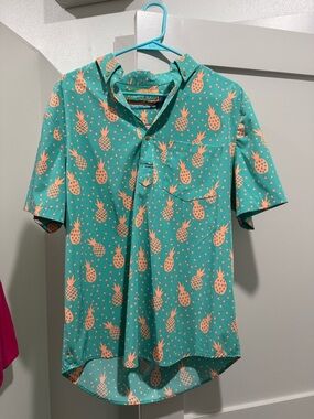 chubbies Turquoise Button-Down Shirt with Peach Pineapple Print